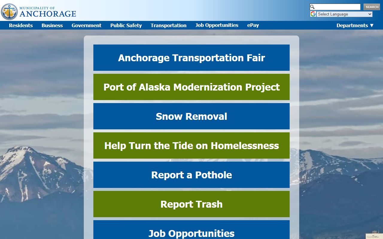 Anchorage Residents Directory view of the Municipality of Anchorage homepage