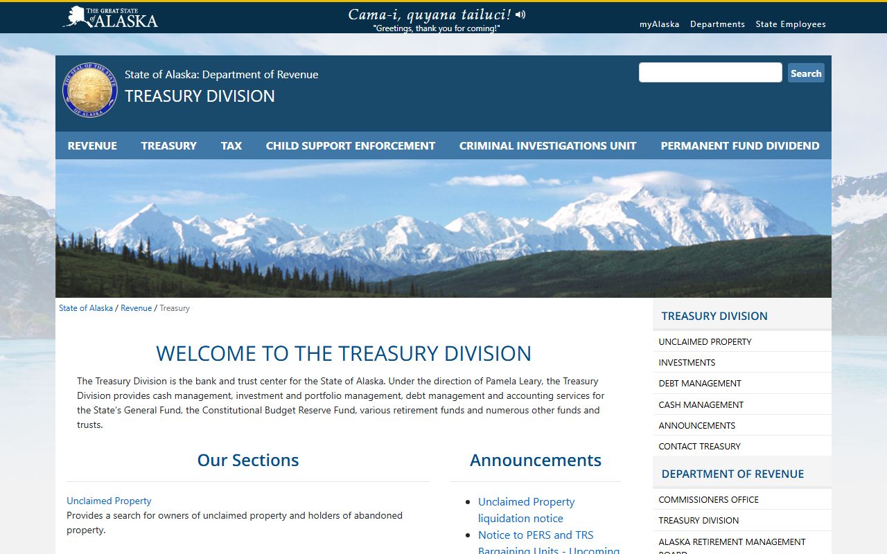 Alaska Residents Directory Alaska treasury division page